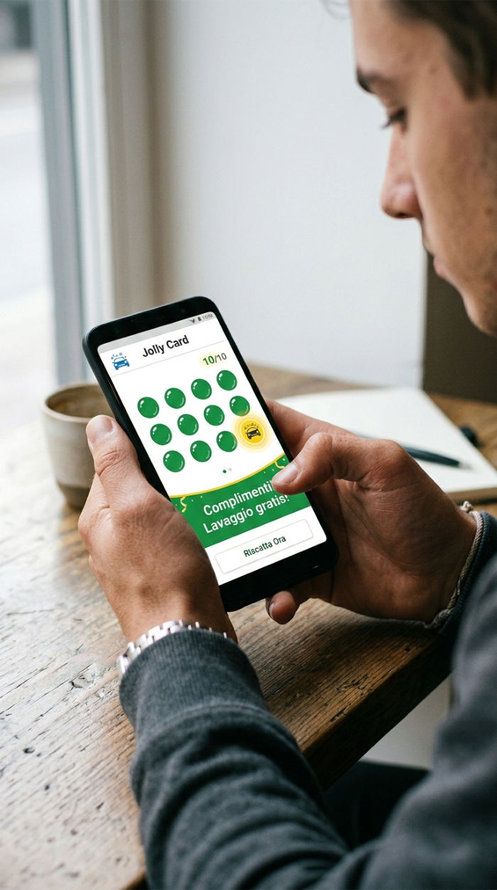 Scheda a bollini completa sul telefono di un cliente, pronta per il premio